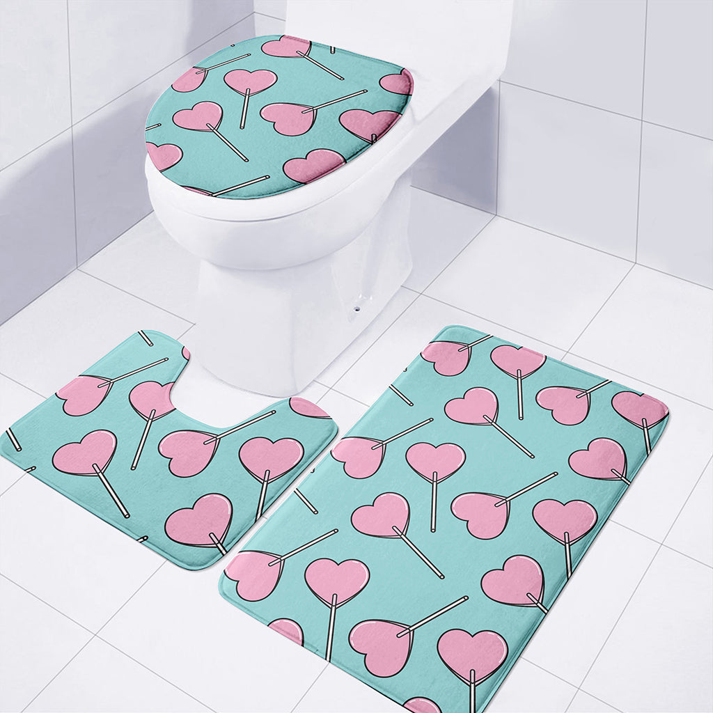 Pink Heart Lollipop Pattern Print 3 Piece Bath Mat Set