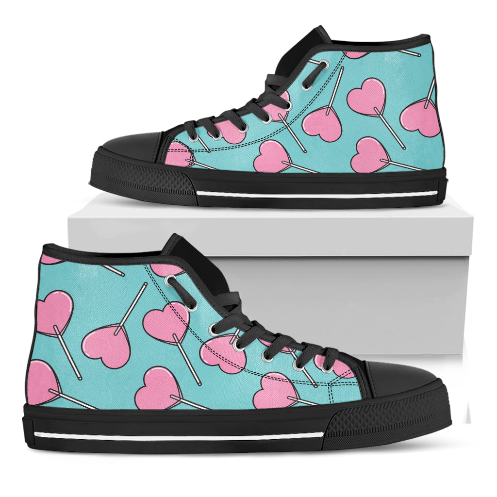 Pink Heart Lollipop Pattern Print Black High Top Shoes