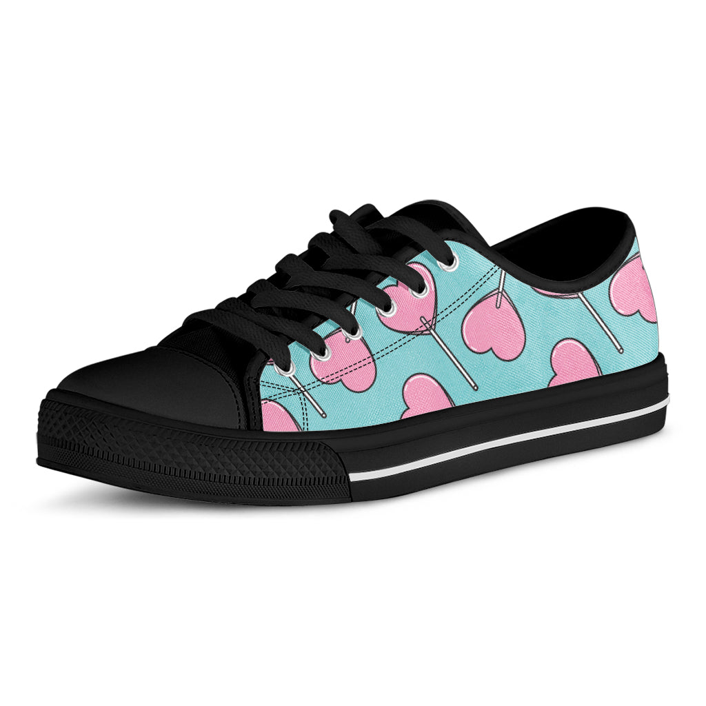 Pink Heart Lollipop Pattern Print Black Low Top Shoes