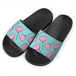 Pink Heart Lollipop Pattern Print Black Slide Sandals