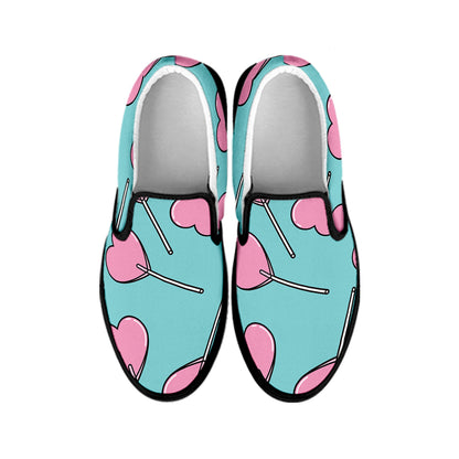 Pink Heart Lollipop Pattern Print Black Slip On Shoes