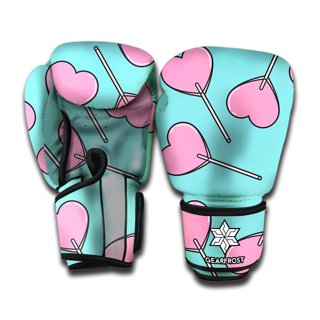 Pink Heart Lollipop Pattern Print Boxing Gloves