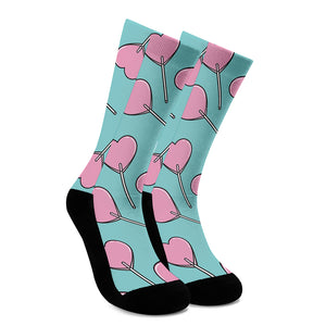 Pink Heart Lollipop Pattern Print Crew Socks