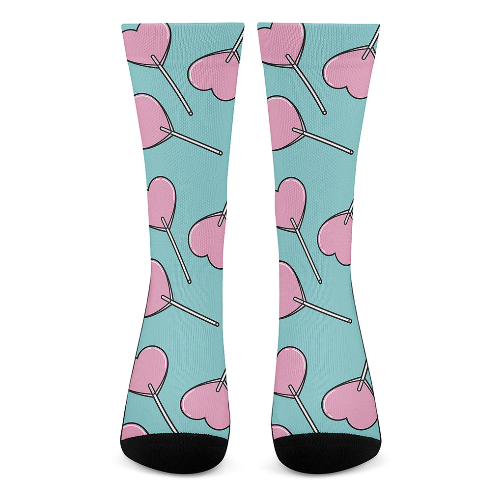 Pink Heart Lollipop Pattern Print Crew Socks