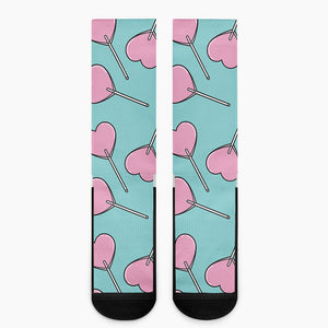 Pink Heart Lollipop Pattern Print Crew Socks