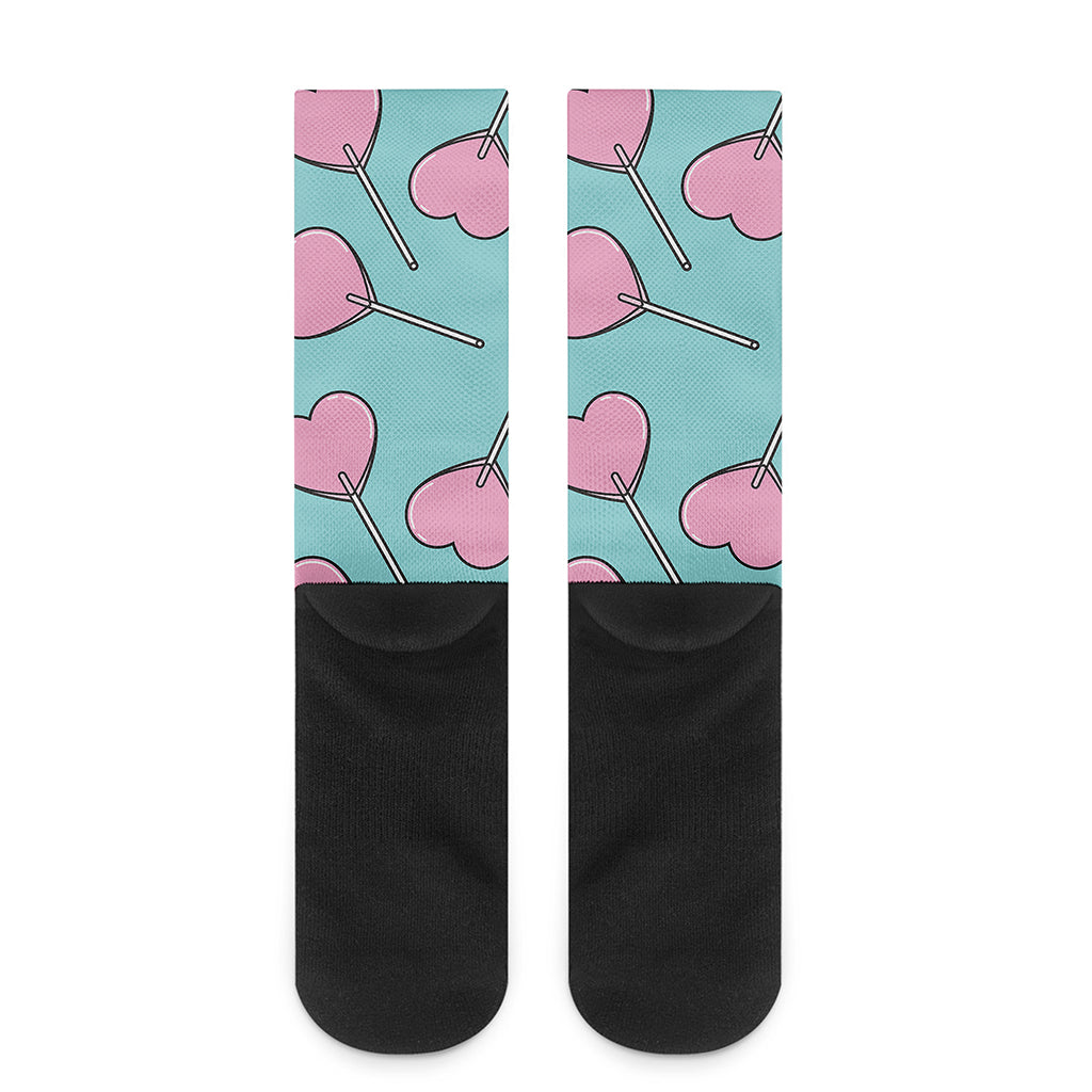 Pink Heart Lollipop Pattern Print Crew Socks