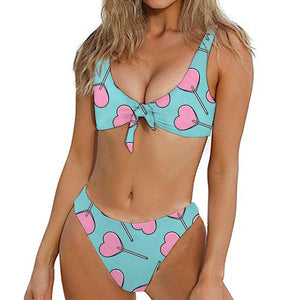 Pink Heart Lollipop Pattern Print Front Bow Tie Bikini