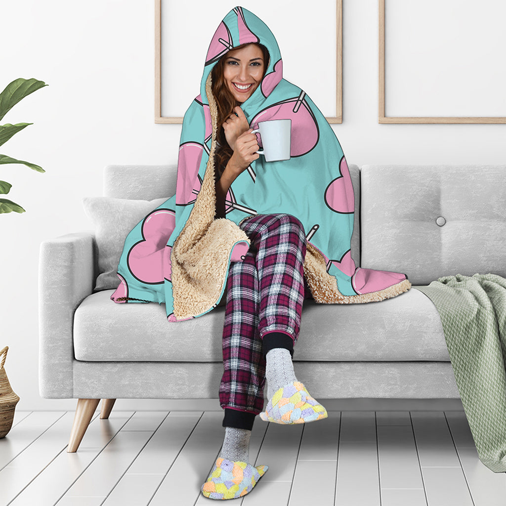 Pink Heart Lollipop Pattern Print Hooded Blanket