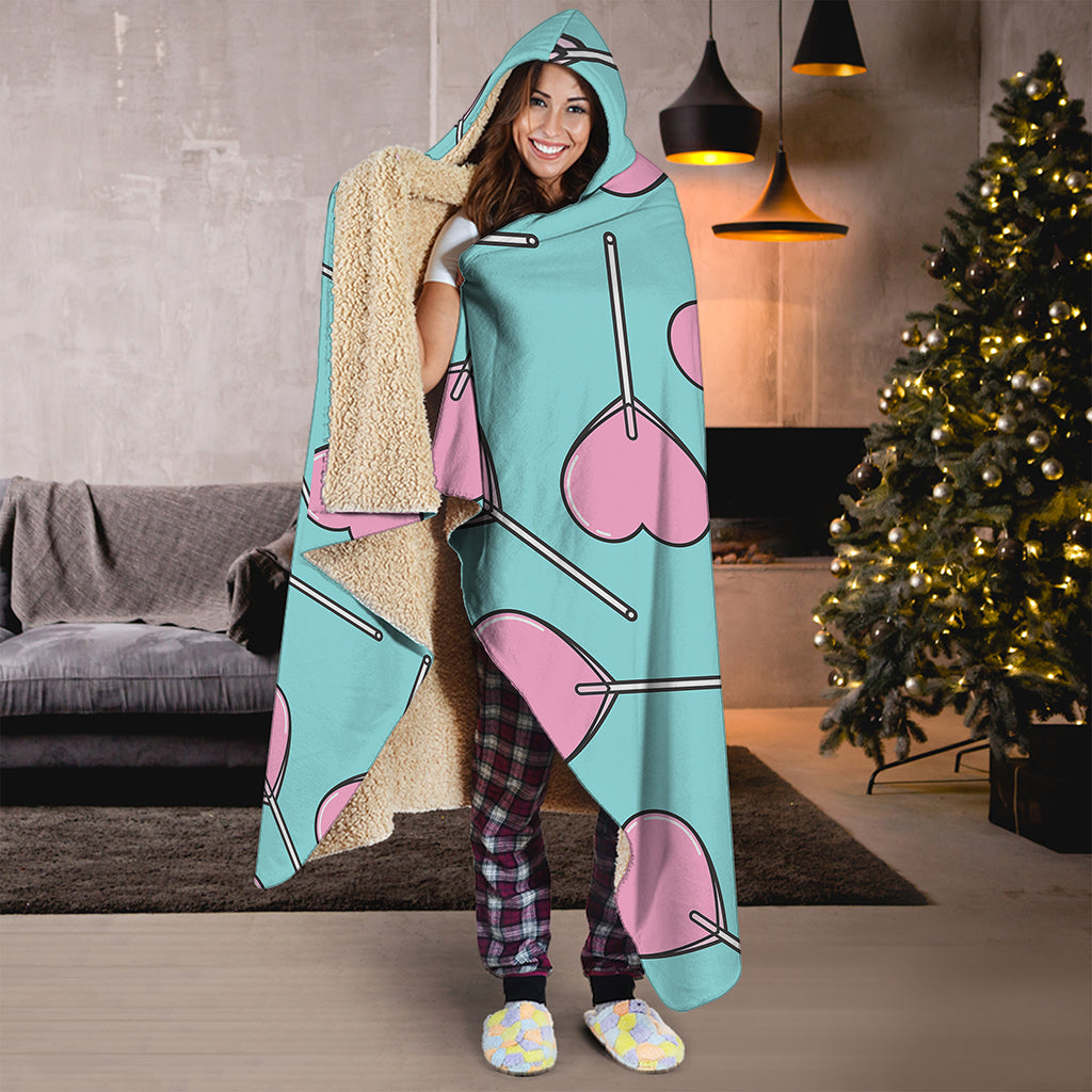 Pink Heart Lollipop Pattern Print Hooded Blanket
