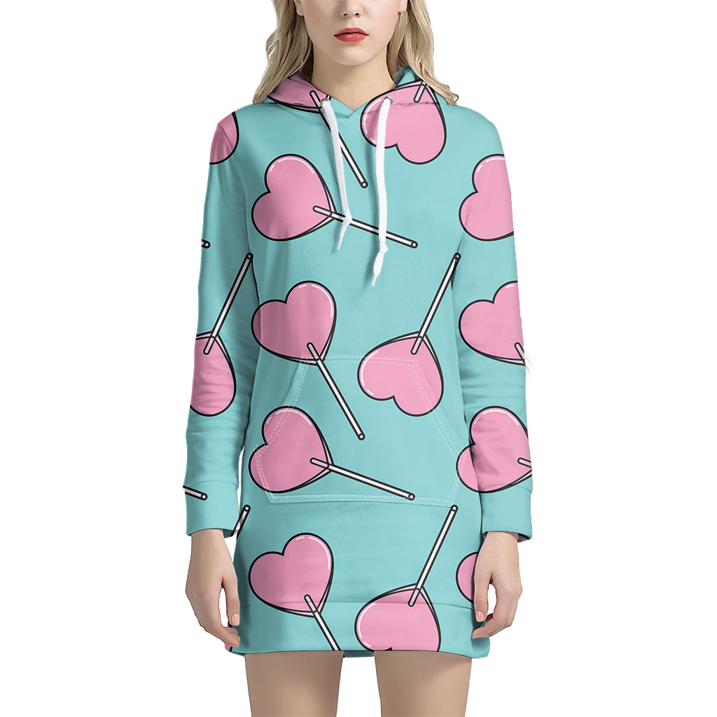 Pink Heart Lollipop Pattern Print Hoodie Dress