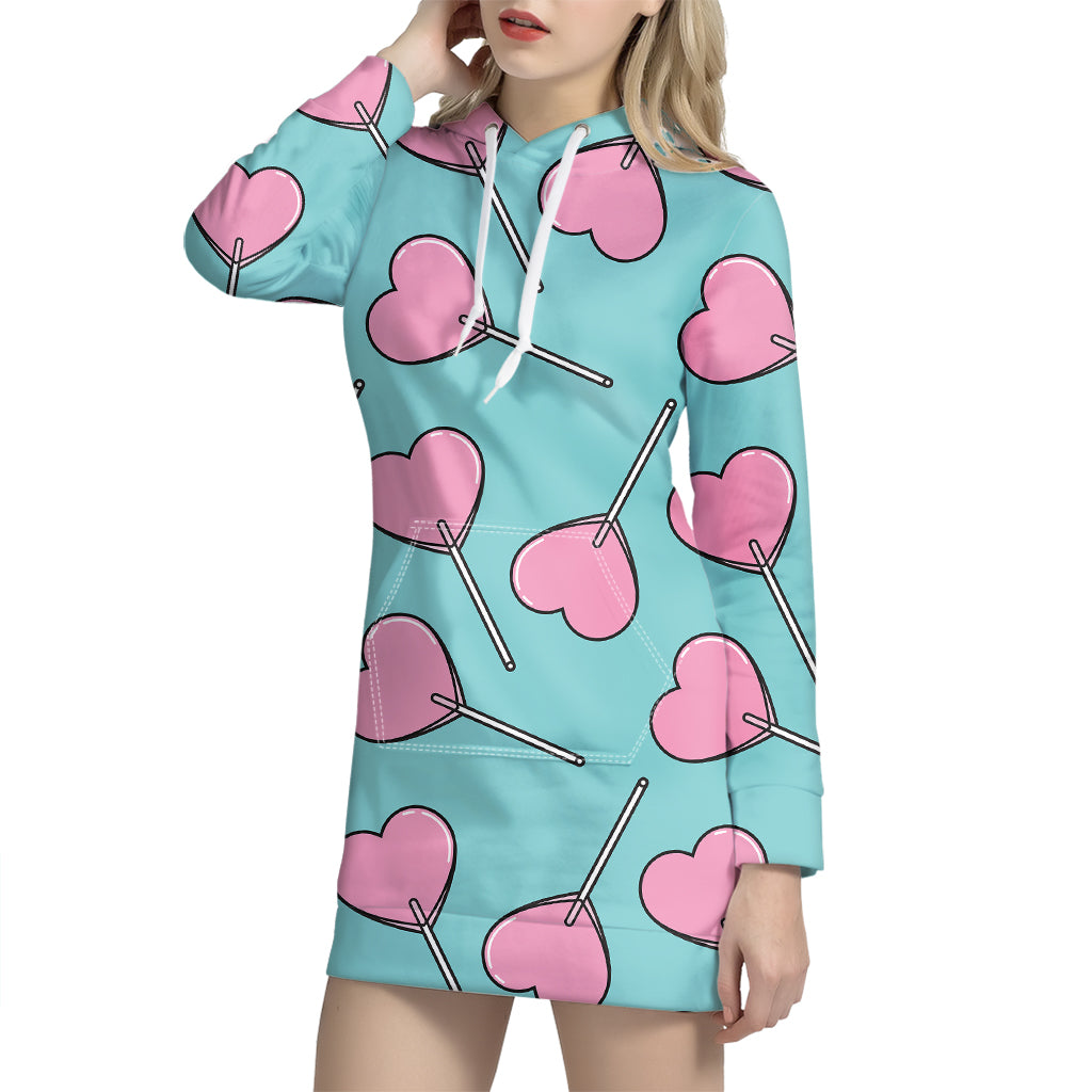 Pink Heart Lollipop Pattern Print Hoodie Dress