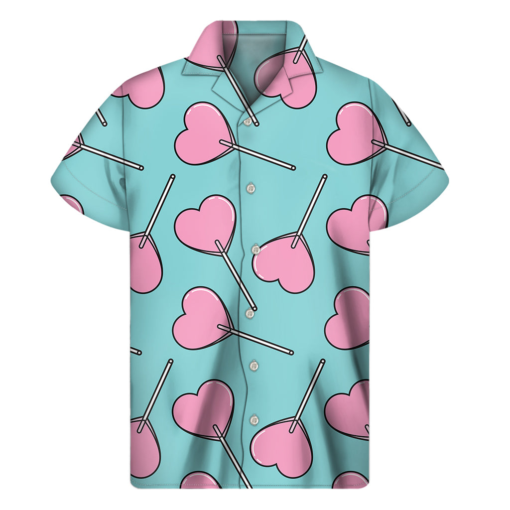 Pink Heart Lollipop Pattern Print Men's Short Sleeve Shirt