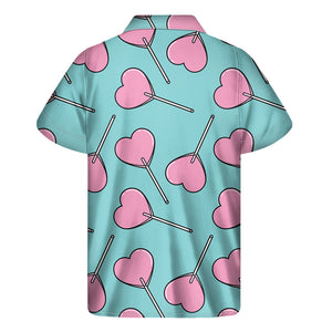 Pink Heart Lollipop Pattern Print Men's Short Sleeve Shirt