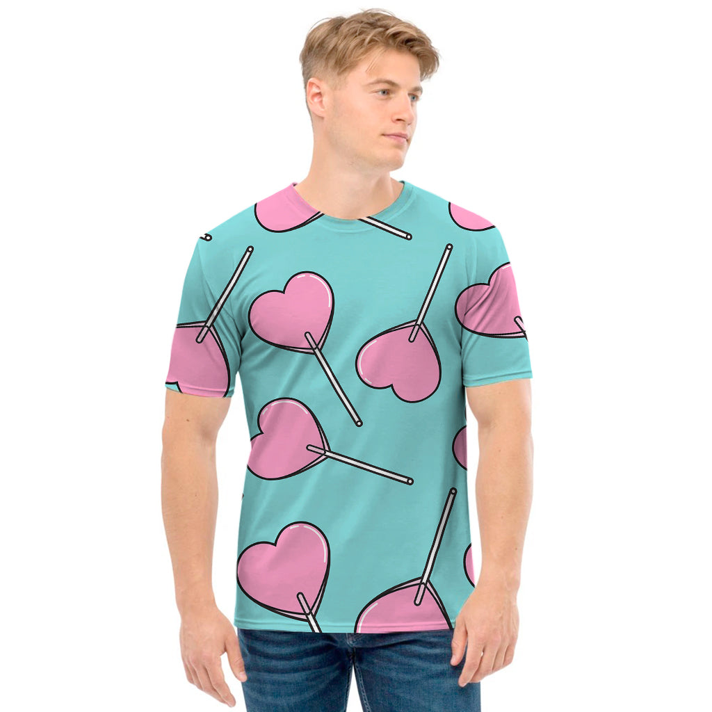 Pink Heart Lollipop Pattern Print Men's T-Shirt
