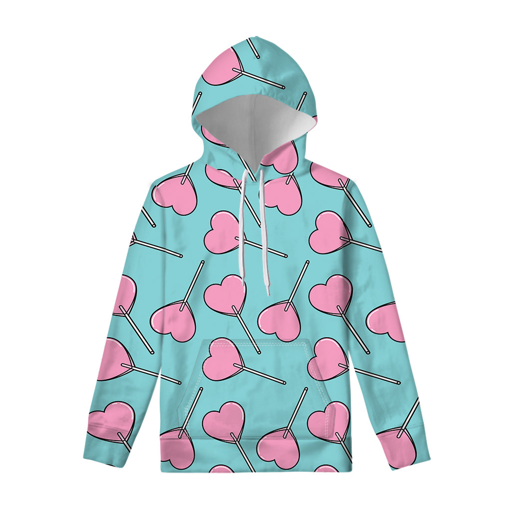 Pink Heart Lollipop Pattern Print Pullover Hoodie