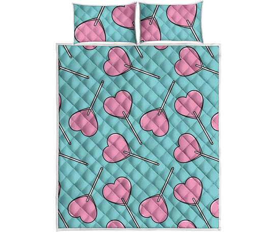 Pink Heart Lollipop Pattern Print Quilt Bed Set
