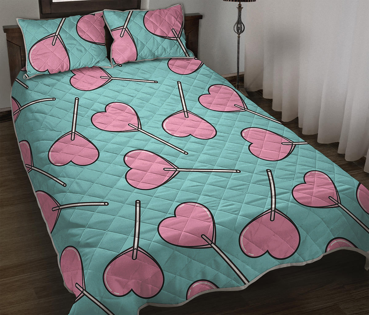 Pink Heart Lollipop Pattern Print Quilt Bed Set