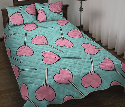 Pink Heart Lollipop Pattern Print Quilt Bed Set