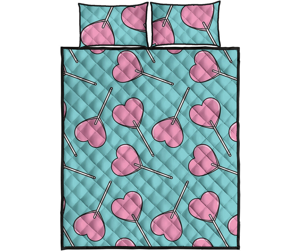 Pink Heart Lollipop Pattern Print Quilt Bed Set