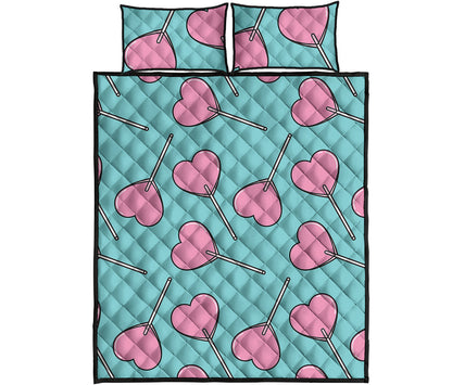 Pink Heart Lollipop Pattern Print Quilt Bed Set