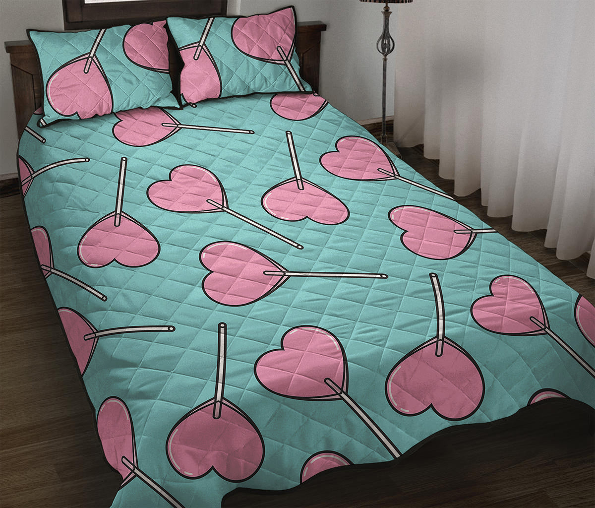 Pink Heart Lollipop Pattern Print Quilt Bed Set