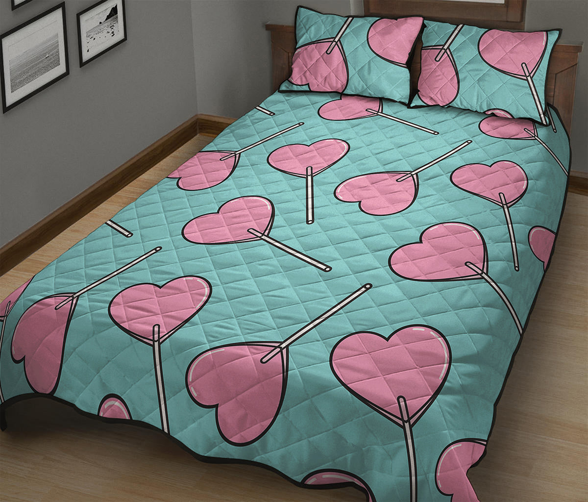 Pink Heart Lollipop Pattern Print Quilt Bed Set