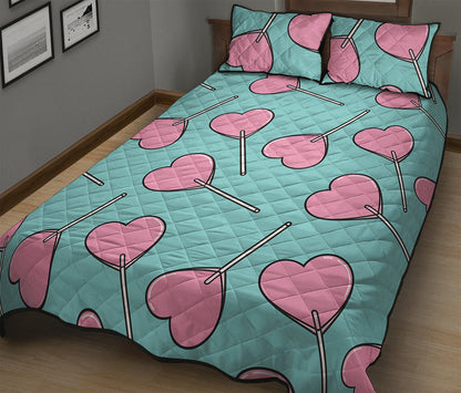 Pink Heart Lollipop Pattern Print Quilt Bed Set