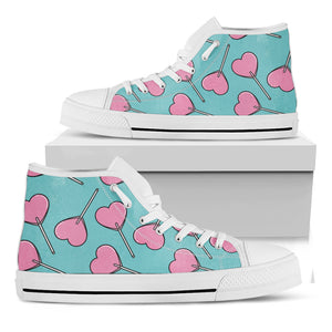 Pink Heart Lollipop Pattern Print White High Top Shoes