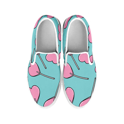 Pink Heart Lollipop Pattern Print White Slip On Shoes