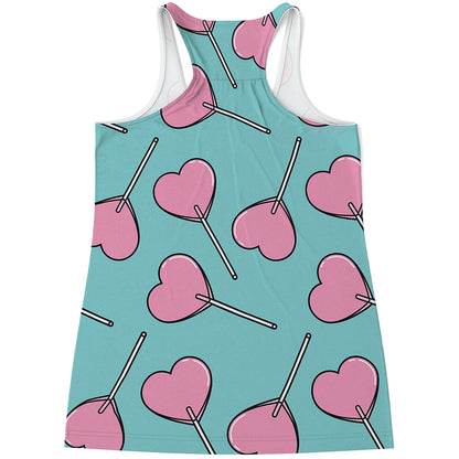 Pink Heart Lollipop Pattern Print Women's Racerback Tank Top