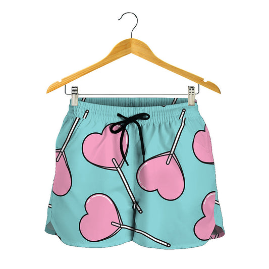 Pink Heart Lollipop Pattern Print Women's Shorts