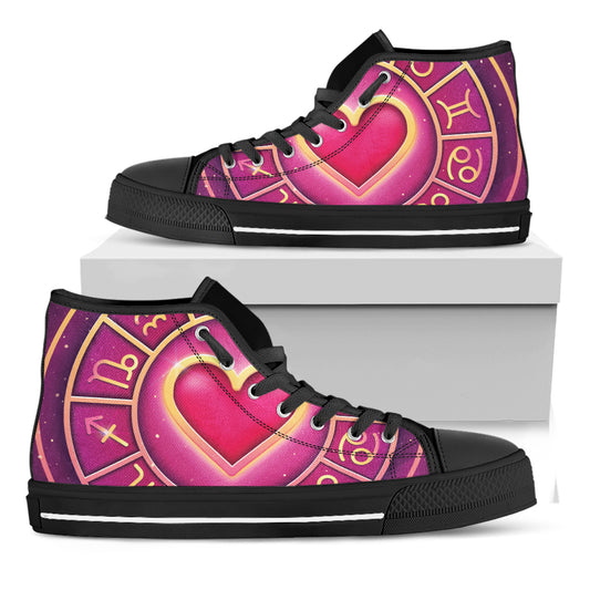 Pink Heart Zodiac Wheel Print Black High Top Shoes