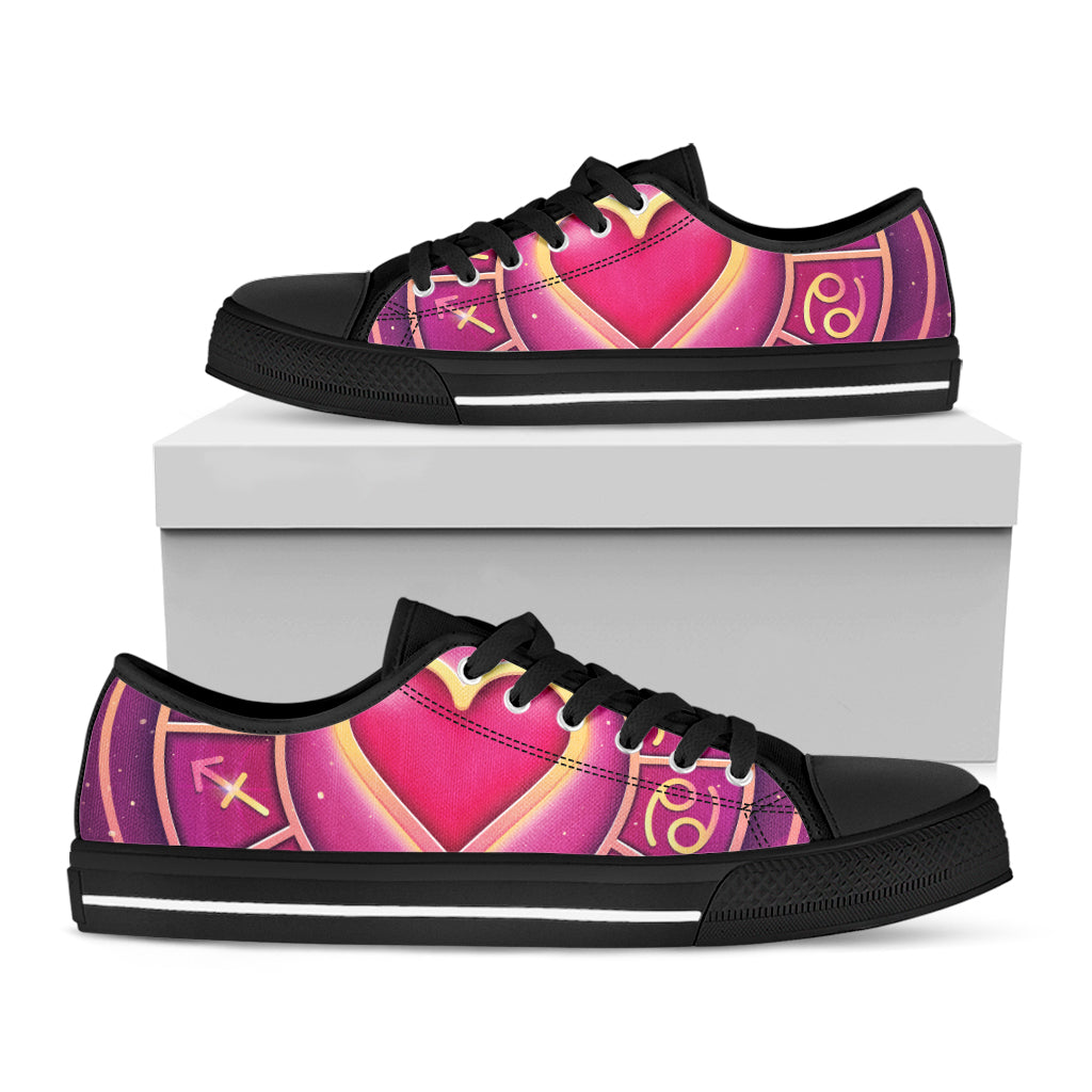Pink Heart Zodiac Wheel Print Black Low Top Shoes 
