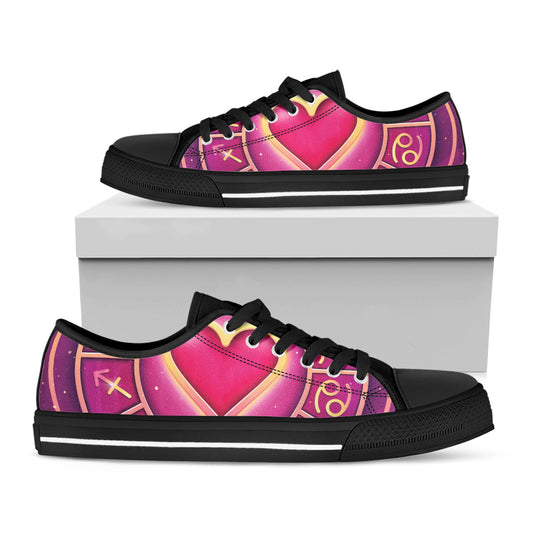 Pink Heart Zodiac Wheel Print Black Low Top Shoes 