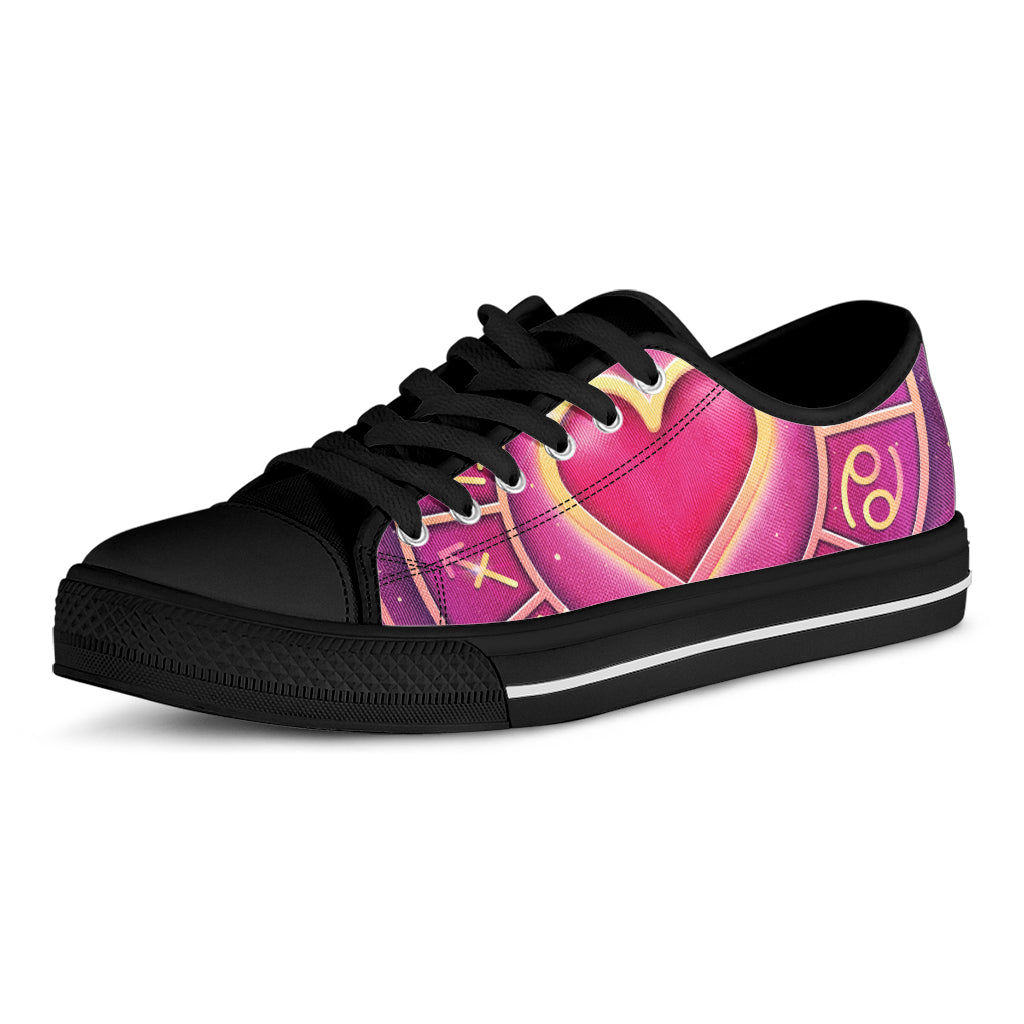 Pink Heart Zodiac Wheel Print Black Low Top Shoes 