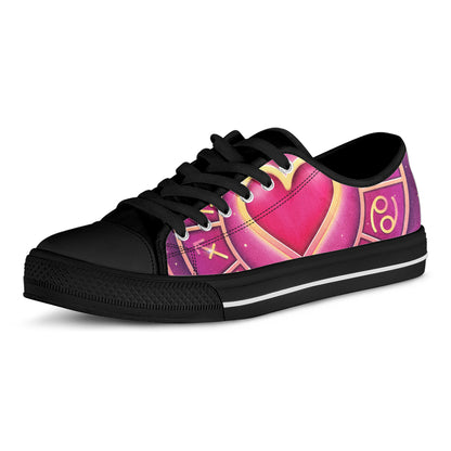 Pink Heart Zodiac Wheel Print Black Low Top Shoes 