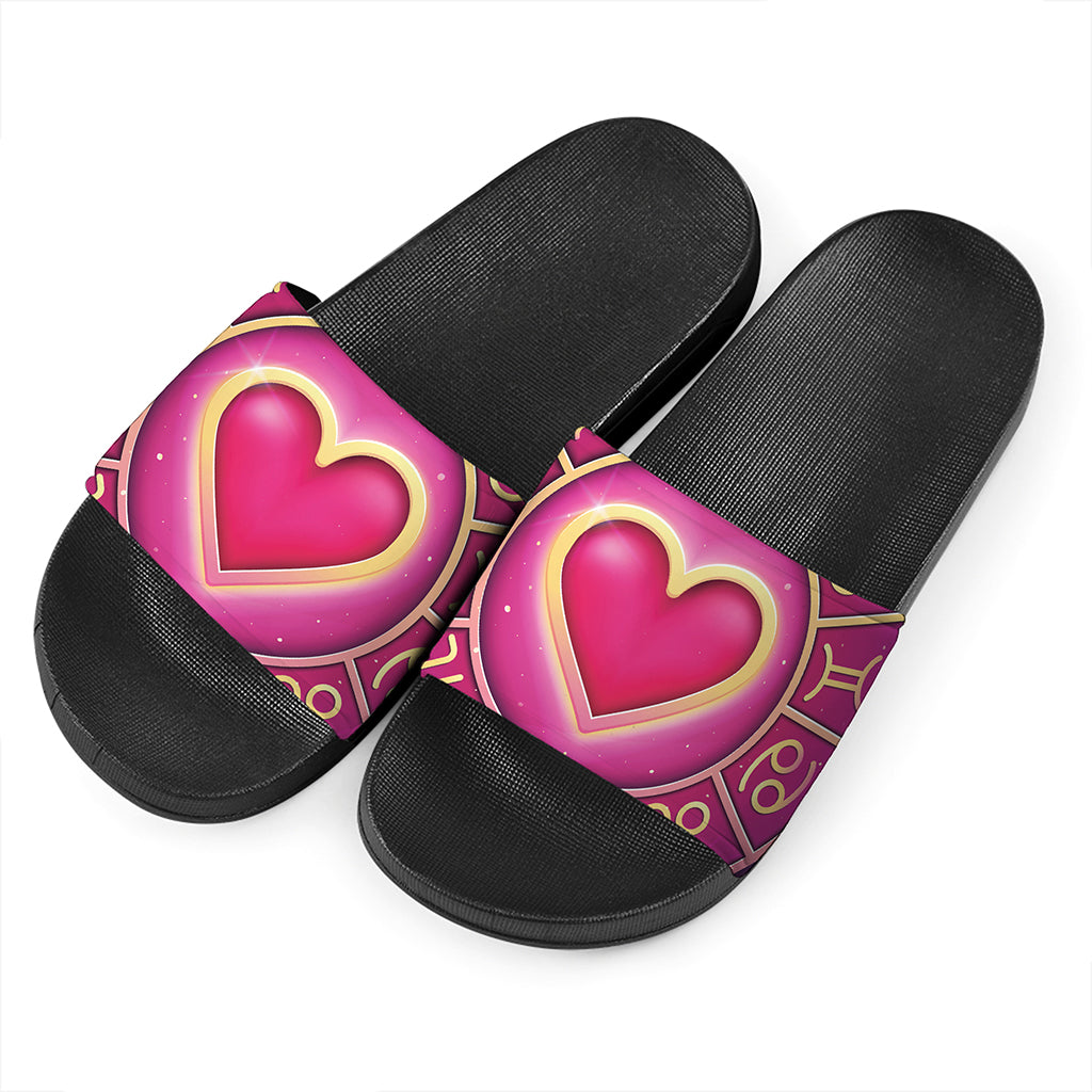 Pink Heart Zodiac Wheel Print Black Slide Sandals