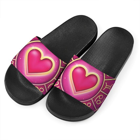 Pink Heart Zodiac Wheel Print Black Slide Sandals