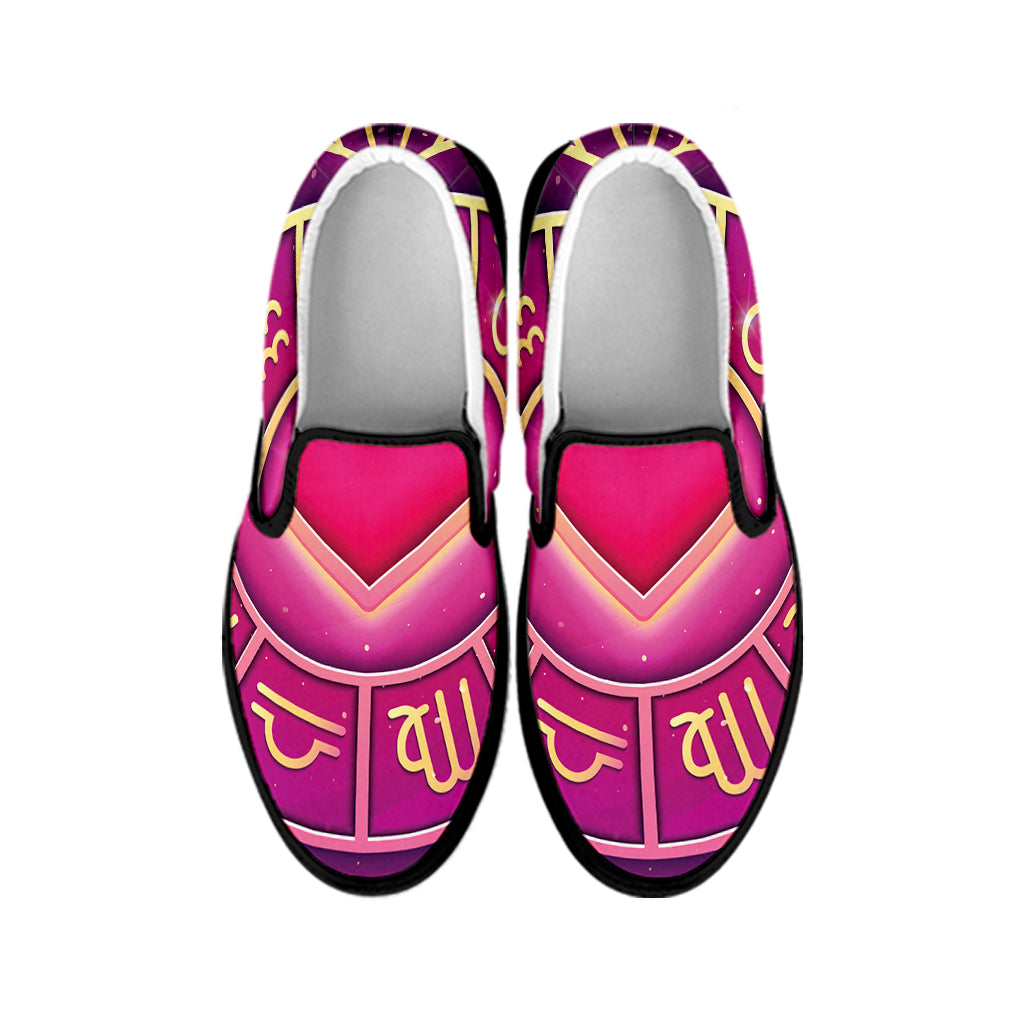 Pink Heart Zodiac Wheel Print Black Slip On Shoes