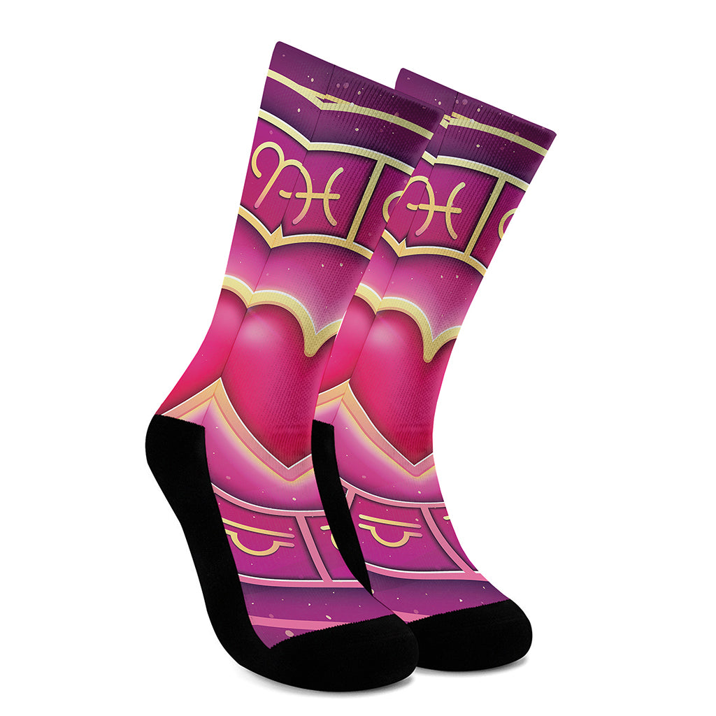 Pink Heart Zodiac Wheel Print Crew Socks