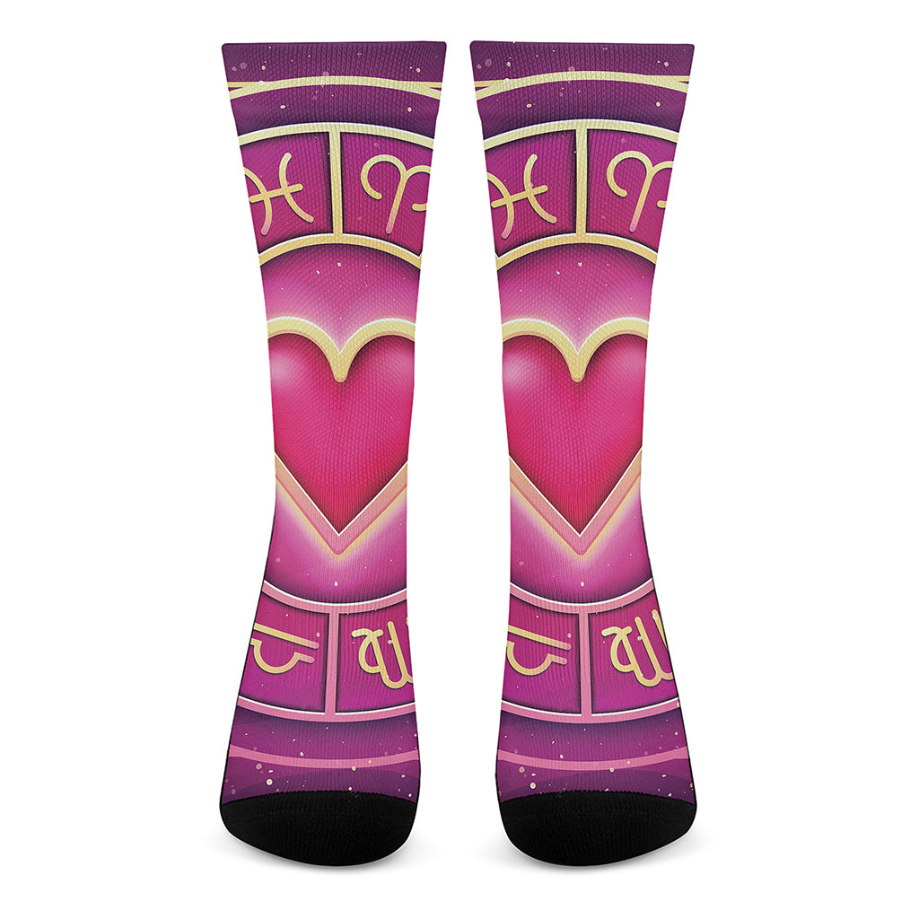 Pink Heart Zodiac Wheel Print Crew Socks