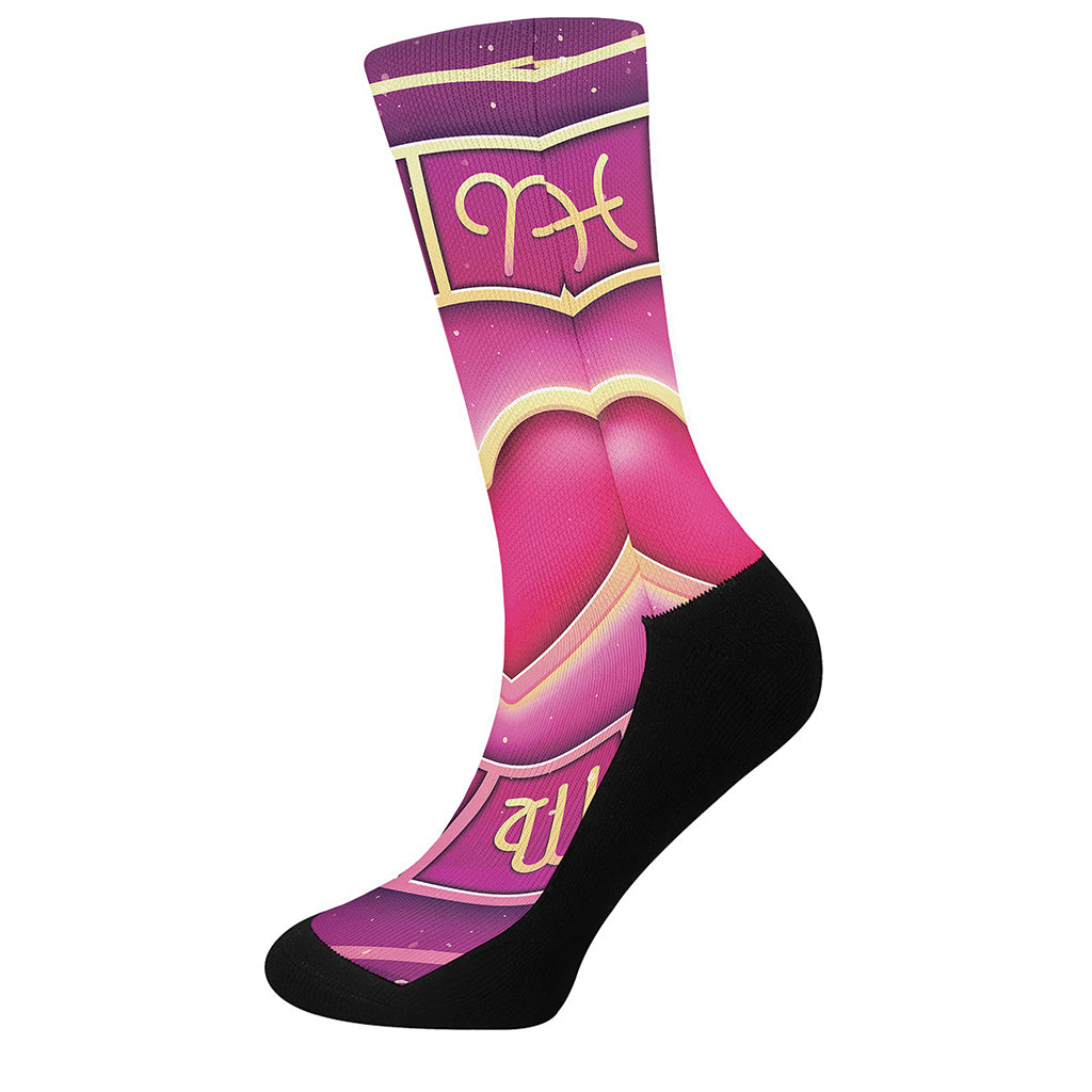 Pink Heart Zodiac Wheel Print Crew Socks