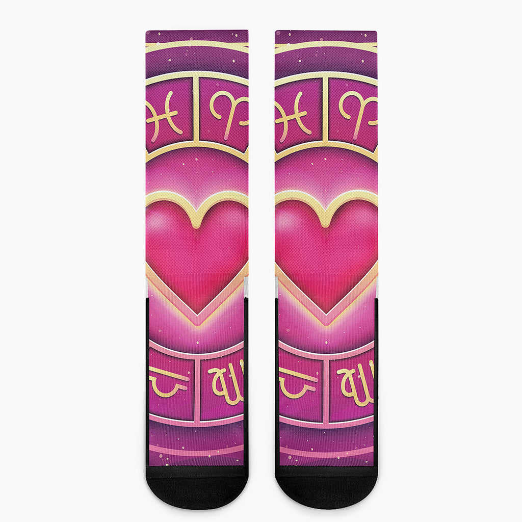 Pink Heart Zodiac Wheel Print Crew Socks