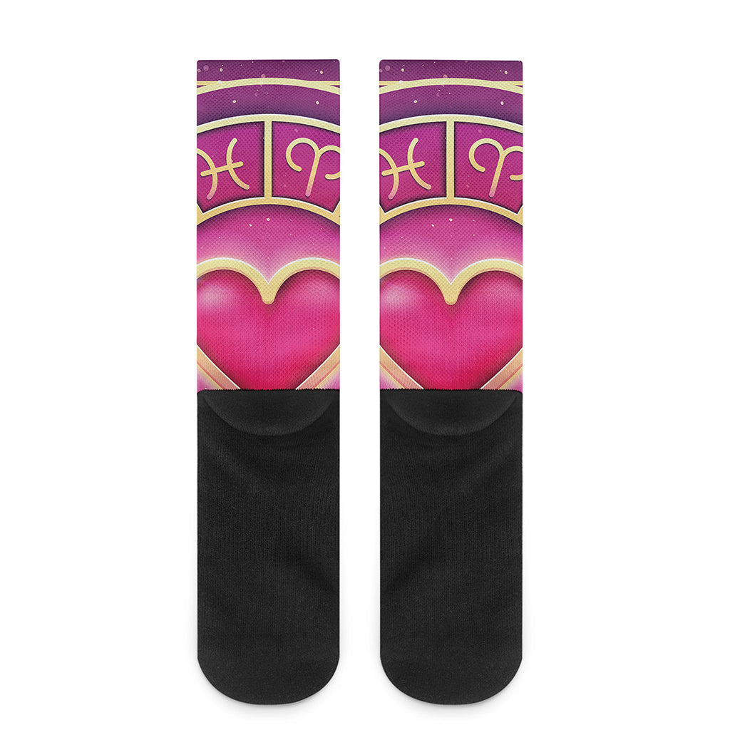 Pink Heart Zodiac Wheel Print Crew Socks