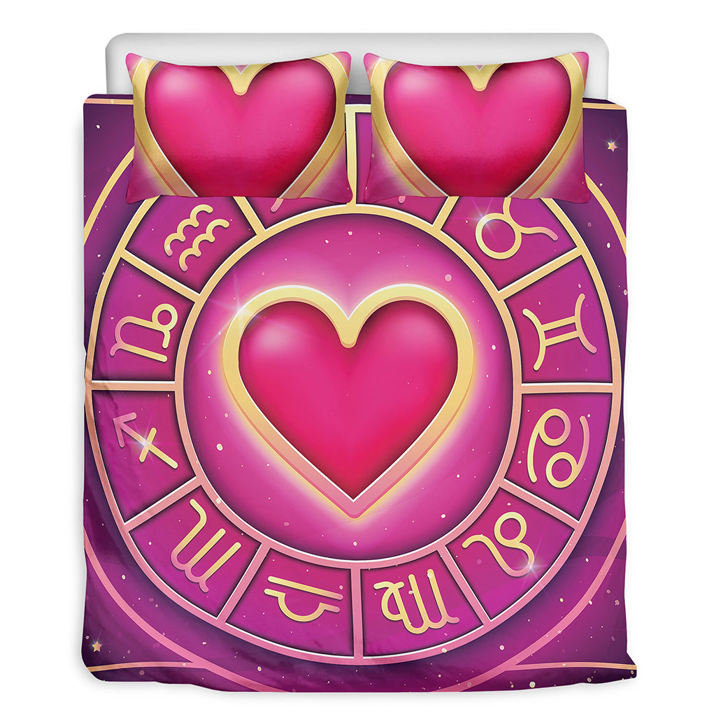 Pink Heart Zodiac Wheel Print Duvet Cover Bedding Set