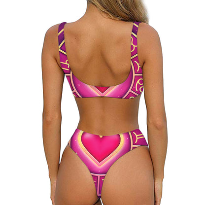 Pink Heart Zodiac Wheel Print Front Bow Tie Bikini
