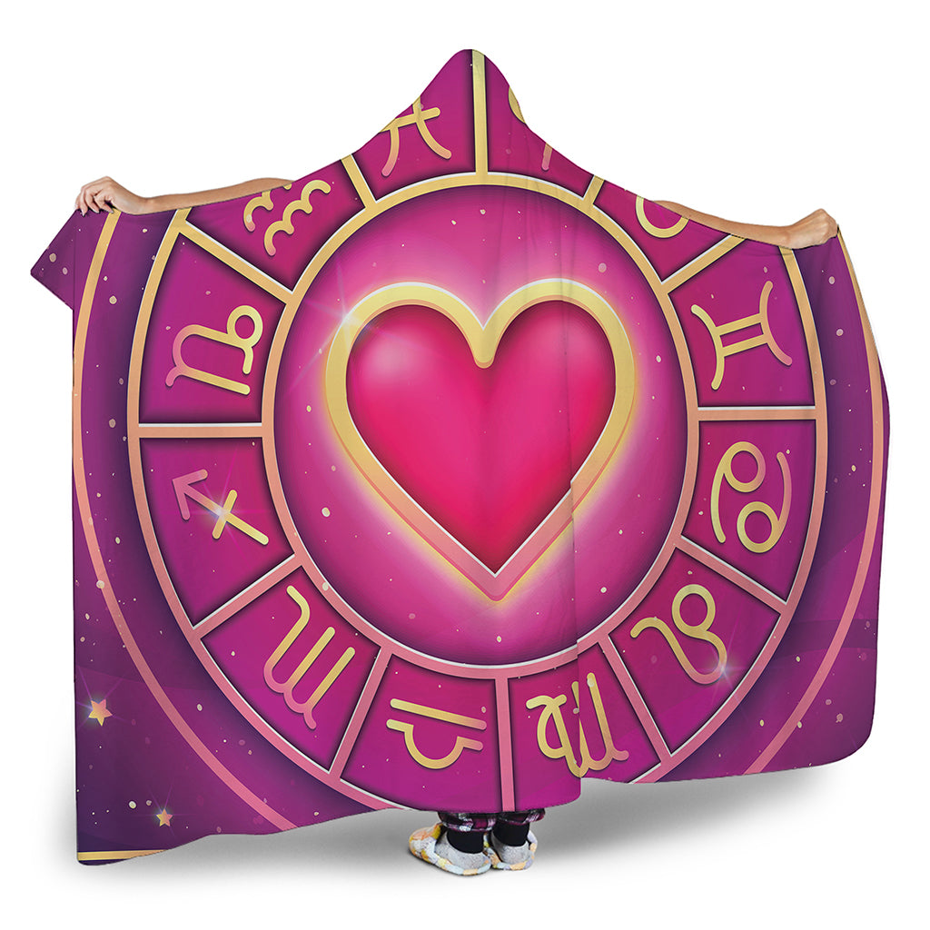 Pink Heart Zodiac Wheel Print Hooded Blanket