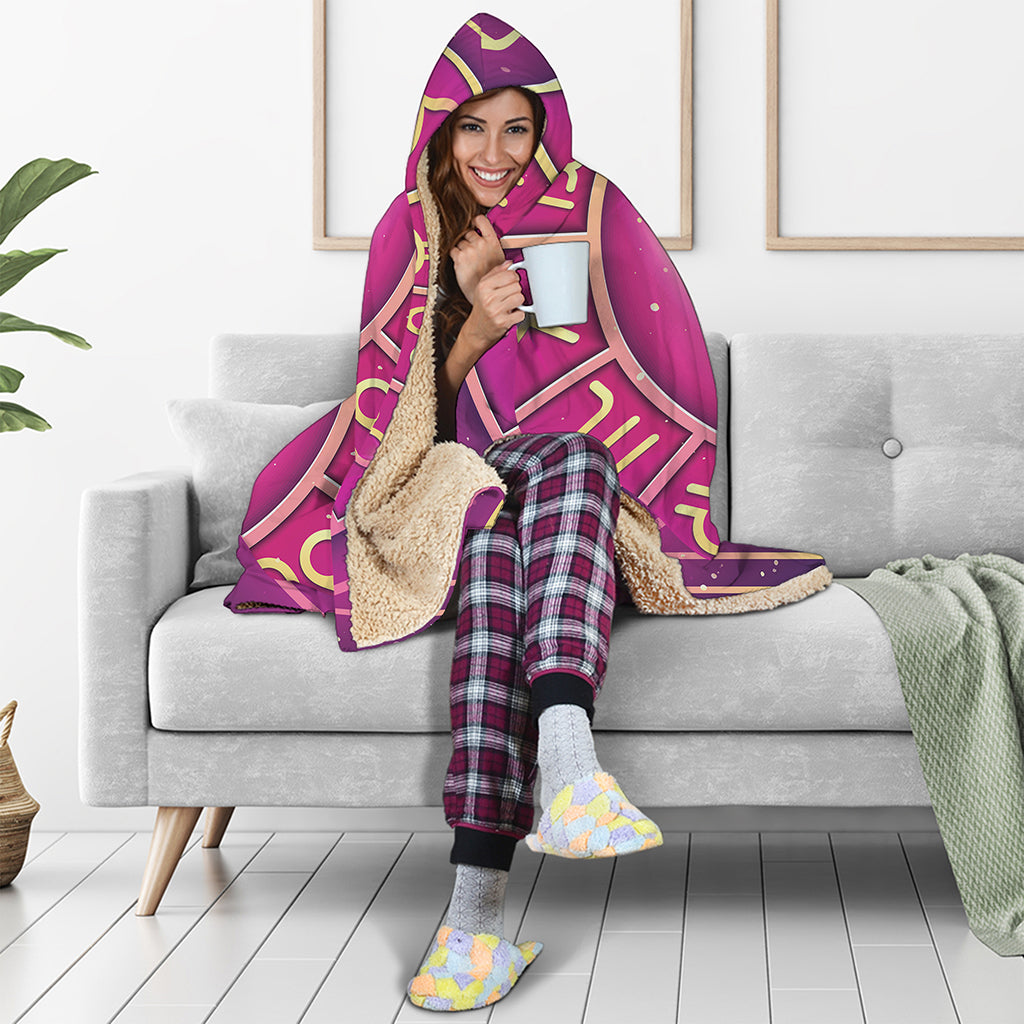Pink Heart Zodiac Wheel Print Hooded Blanket