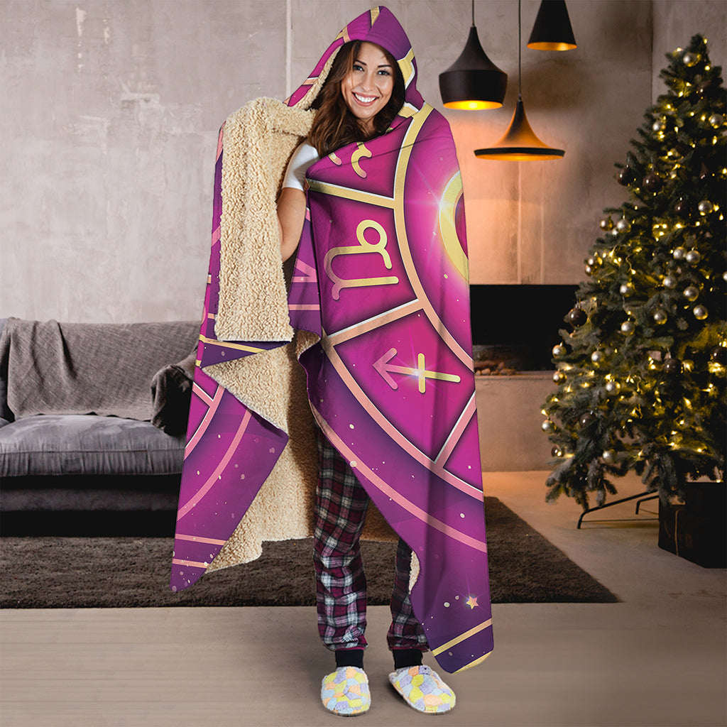 Pink Heart Zodiac Wheel Print Hooded Blanket