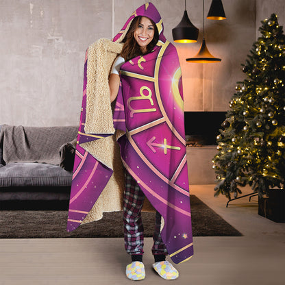 Pink Heart Zodiac Wheel Print Hooded Blanket